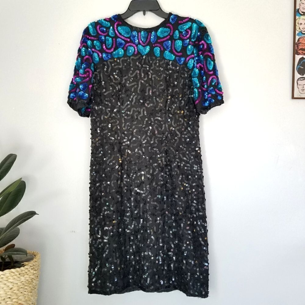 Vintage Laurence Kazar 1980’s 100% Silk Dolly Parton Sequin Cocktail Dress PL - Picture 2 of 12
